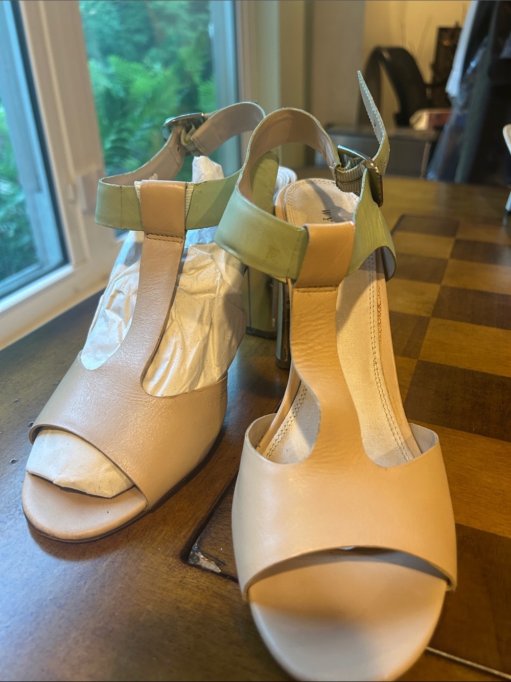 Wythe NY Beige and Olive T-Strap Peep-Toe Heels